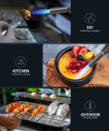 Butane Torch Lighter With 25g Gas Capacity Refillable Blow Torch used for soldering, cooking crème brûlée, and outdoor grilling.