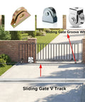 Beefed Up Heavy Duty Wide V Track Ground Track Kit For Sliding Gates 3.5 Inch Width Fits 4 And 6 Inch V Groove Wheels Galvanized Steel Ground Track For Driveways Warehouses And Industrial Gates, showing sliding gate with groove wheels