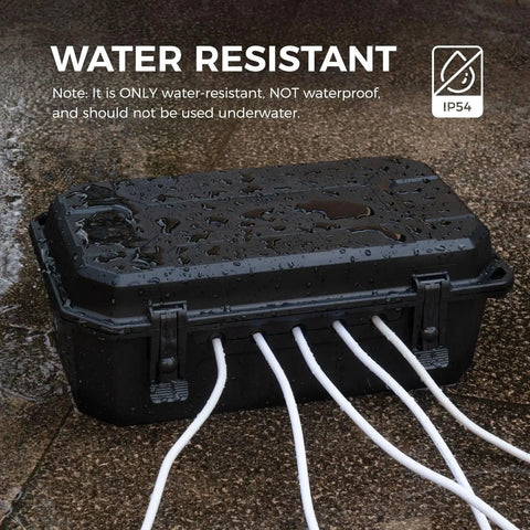 Beefy Heavy Duty Outdoor Electrical Junction Box IP54 Weatherproof Rain Shield Featuring Rock Solid Rubber Gasket Seal To Keep Wiring Connections Safe And Dry Through Rough Elements 15 3 X 8 9 X 5 4 Inch Matte Black with wet surface showing water resistance.