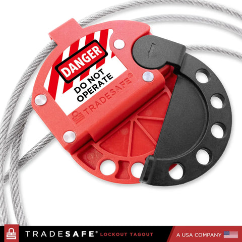 6 Foot Adjustable Lockout Cable With Vinyl Coating Stainless Steel 5/32 Inch Cable for LOTO Locks showing red lock with cable