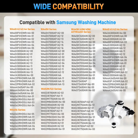 Image listing compatible models for Heavy Duty Washer Drain Pump Assembly built for fast no sweat repairs on household machines.