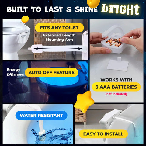 Infographic showing features of Toilet Bowl Night Light With Motion Sensor And Multicolor LED, highlighting compatibility and easy installation.