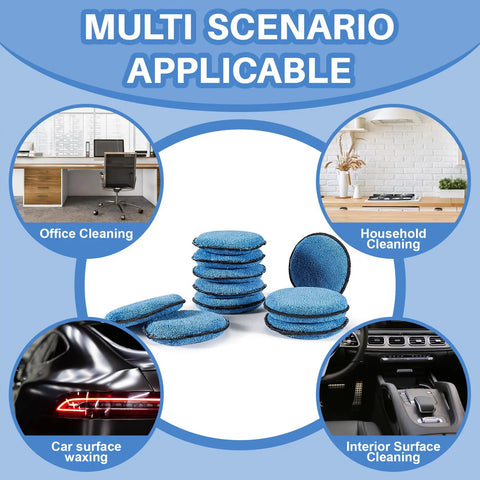 12 Pack Microfiber Wax Applicator Pads 4.72 Inch For Auto Detailing Soft Yet Durable Foam Sponges With Great Rebound Gentle On Clear Coat No Lint Residue Perfect For Even Car Wax Application And Quick Shine, blue pads shown for car, office, and household cleaning