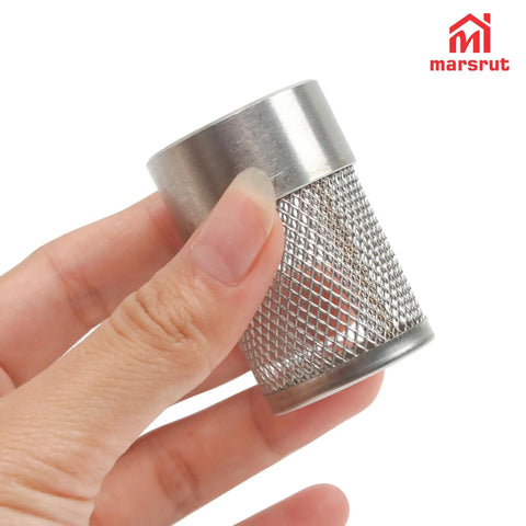 Hand holding a Garden Hose Inlet Strainer Filter G3/4 BSP For 3/4 Inch Pipe Fits 30mm Water Inlet, stainless steel mesh.