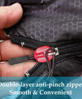 Close-up of double-layer anti-pinch zipper on XL Widened Upgraded 4 Season Camping Sleeping Bag For Adults And Kids Built Tough Waterproof Lightweight 0F Warmth All Weather Comfort For Travel And Outdoor Adventures