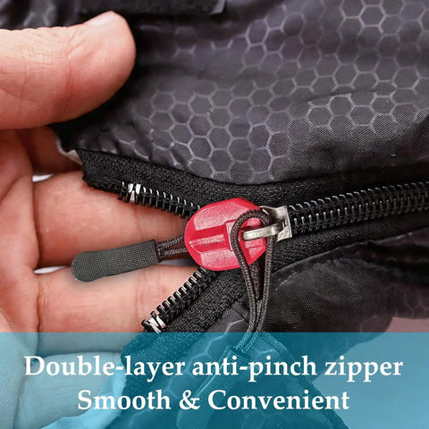 Close-up of double-layer anti-pinch zipper on XL Widened Upgraded 4 Season Camping Sleeping Bag For Adults And Kids Built Tough Waterproof Lightweight 0F Warmth All Weather Comfort For Travel And Outdoor Adventures