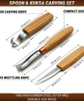 Sweet Complete Wood Spoon Carving Kit Featuring Razor Sharp Hook Knife Premium Sloyd Blade And Wide Bowl Gouge, including sizes.