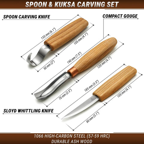 Sweet Complete Wood Spoon Carving Kit Featuring Razor Sharp Hook Knife Premium Sloyd Blade And Wide Bowl Gouge, including sizes.