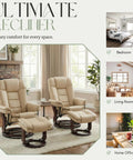 Swivel Recliner With Ottoman And Wood Base in PU Leather set in cozy living room near window, showcasing comfort and style.