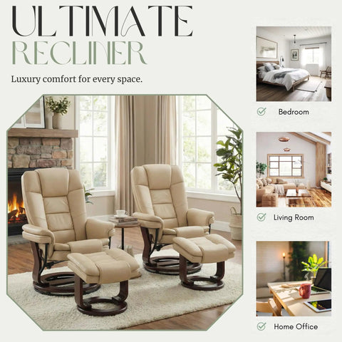 Swivel Recliner With Ottoman And Wood Base in PU Leather set in cozy living room near window, showcasing comfort and style.