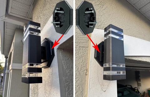 Vertical Siding Lamp Mounting Kit With Built In Octagon Box Black For Easy Install Outdoor Use Weatherproof And DIY Friendly For Outlets And Exterior Lights On Smooth Flat Surfaces. Black octagon siding lamp mounting kit holding exterior wall light on stucco siding.