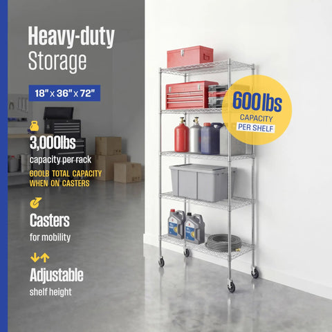5 Tier Heavy Duty Steel Wire Shelf On Wheels NSF Certified Utility Rack 18x36x72 Inches, silver garage storage rack