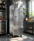 Heavy Duty Commercial Upright Freezer With 23 Cubic Feet Storage Auto Defrost Digital Thermostat Led Interior Single Door in modern kitchen.