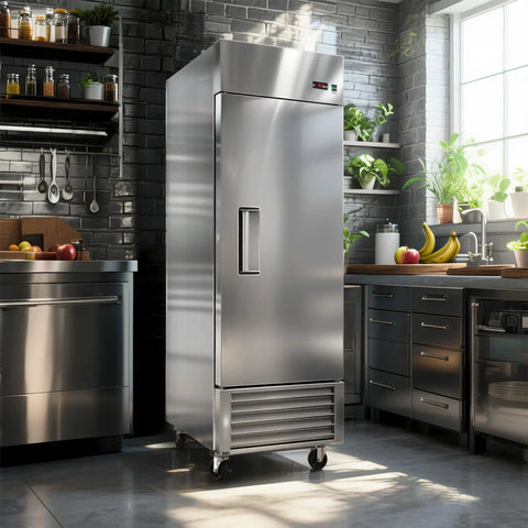 Heavy Duty Commercial Upright Freezer With 23 Cubic Feet Storage Auto Defrost Digital Thermostat Led Interior Single Door in modern kitchen.
