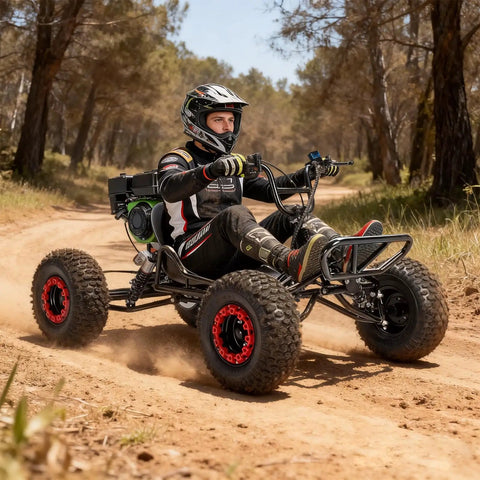 Person riding Gas Powered Go Kart for Adults and Kids with 7 inch off road tires, premium steel frame, on a dirt trail.
