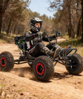Rider using gas powered go kart with 4 stroke engine and CVT, 7 inch all terrain tires, heavy duty steel frame, on dirt path
