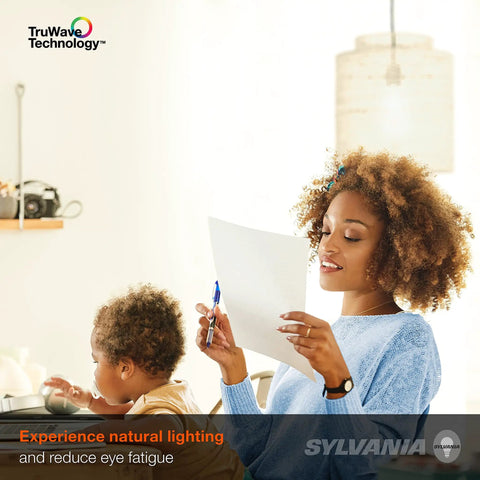Mother reading under TruWave Natural Series A19 LED Bulb 11W, 1100 Lumens, 2700K Soft White, 75W Equivalent glow