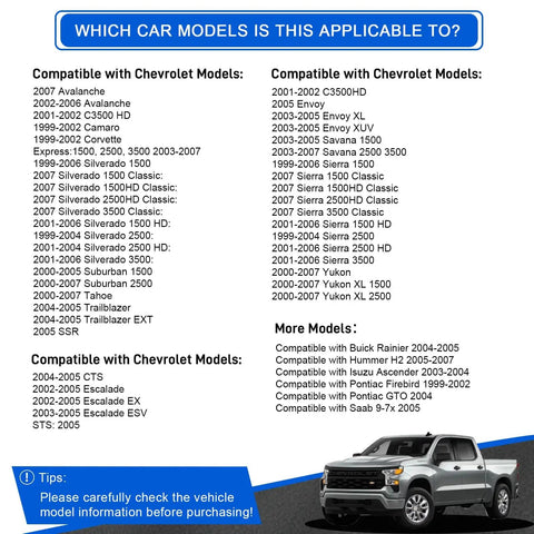 Image listing car models compatible with Chevy Knock Sensor Kit With Wiring Harness And Intake Manifold Gasket For Silverado.
