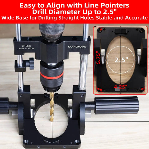 Portable Drill Guide With Angle Stops From -60 To 60 Degrees, Adjustable Drill Press Jig And 1/2 Inch Self Locking Chuck, Lets You Drill Straight Or Angled Holes With Precision And Confidence, Ideal For DIY Projects, showing drill chuck and adjustable base.