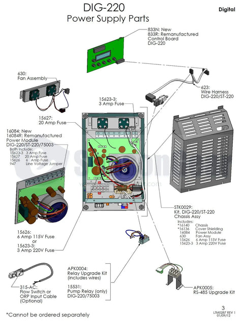 Diagram of DIG-220 power supply parts including AutoPilot 15623-3 3 Amp Fuse Pack Of 3 For Pool Pilot Power Supplies DIG-220 ST-220 And Nano Replacement And Backup Kit For Reliable Pool Automation Performance.