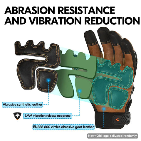 Diagram of brown Water Repellent Goat Leather Mechanic Gloves showing abrasion resistance and anti-vibration features, size M.