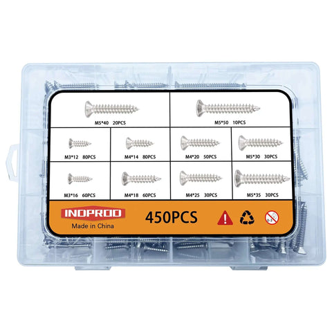 Heavy Duty 304 Stainless Steel Wood And Metal Screw Kit With 450Pcs Self Tapping Phillips Countersunk Flat Head Screws in case