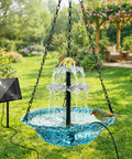 Hanging Sun Powered Bird Bath Fountain With 3 Layer Cascading Design And 3 Nozzles in Blue Glass Bowl in garden setting