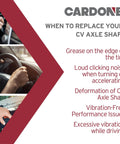 Signs indicating the need to replace a CV axle shaft, including vibrations, noise, and deformation, shown in driver's view.