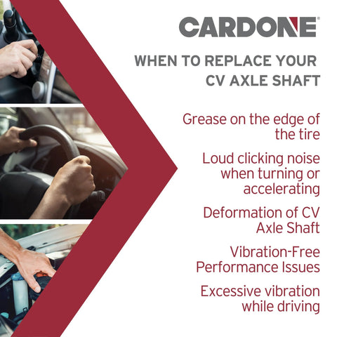 Signs indicating the need to replace a CV axle shaft, including vibrations, noise, and deformation, shown in driver's view.