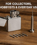 Hinge Pin Repair Kit For Zippo Lighters 2003 And Later, 5 Premium Hinge Pins Plus 1 Precision Installation Tool, displayed with lighter