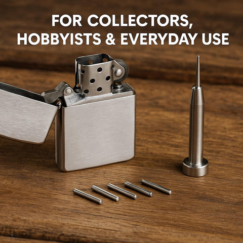 Hinge Pin Repair Kit For Zippo Lighters 2003 And Later, 5 Premium Hinge Pins Plus 1 Precision Installation Tool, displayed with lighter