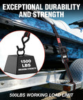 4 Pack Heavy Duty Ratchet Tie Down Straps 1 Inch X 12 Foot 1500 Lbs Breaking Point showing strap securing equipment with hook.