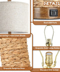 Set Of 2 Rattan Table Lamps For Living Room With USB Ports, 27 Inch Tall Rustic Seagrass Bedside Lamps For End Tables, Coastal Farmhouse Style, E26 Socket With Rotary Switch, Bulbs Not Included, close-up of lamp features, cream linen shade, seagrass base, USB ports, and E26 socket.
