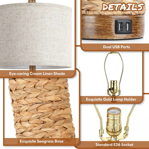 Set Of 2 Rattan Table Lamps For Living Room With USB Ports, 27 Inch Tall Rustic Seagrass Bedside Lamps For End Tables, Coastal Farmhouse Style, E26 Socket With Rotary Switch, Bulbs Not Included, close-up of lamp features, cream linen shade, seagrass base, USB ports, and E26 socket.