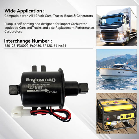 12V Electric Fuel Pump Kit With Filters And Clamps, suitable for vehicles, boats, generators, and includes a universal replacement pump.