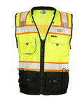 Mens Premium Surveyor Vest Class 2 Hi Vis Safety Vest Ten Roomy Pockets Heavy Duty Zip Rock Solid High Visibility Workwear Built Tough For The Daily Grind Large Lime And Black front view with ten pockets and reflective strips.