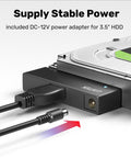 External USB 3 0 To SATA III Hard Drive Adapter Kit With 12V 2A Power Supply connected to 3.5 inch HDD showing power adapter