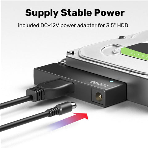 External USB 3 0 To SATA III Hard Drive Adapter Kit With 12V 2A Power Supply connected to 3.5 inch HDD showing power adapter
