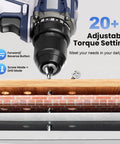 Heavy Duty 20 Volt Max Brushless Cordless Drill Kit With Badass 70 Newton Meter Torque And 1800 Rpm Speed, showing adjustable torque setting.
