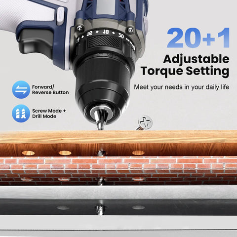 Heavy Duty 20 Volt Max Brushless Cordless Drill Kit With Badass 70 Newton Meter Torque And 1800 Rpm Speed, showing adjustable torque setting.