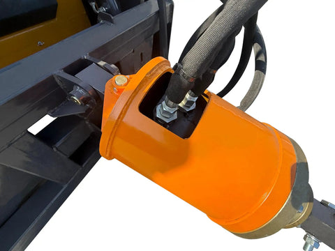 Yellow hydraulic motor on Beast Auger Drive Attachment With 6K Hydraulic Motor For Skid Steer Post Hole Digger Dig 12 To 24 Inch Holes Up To 35 Inch Working Depth For Farm Landscaping Contractors Quick Attach US Stock, close-up view.