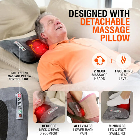 Man using Full Body Massage Mat With Heat And Shiatsu Vibration for bed, chair, and recliner, showcasing detachable massage pillow.