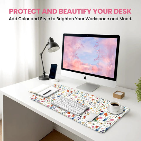 Ultra Large Desk Pad For Desktop 31.5 Inch By 11.8 Inch Extended Mouse Pad With Anti Slip Surface Featuring Wildflowers Design on desk