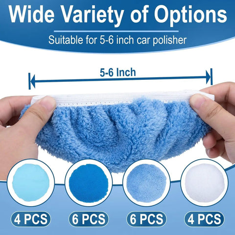 20 Piece Car Buffer Pad Set For Orbital Polisher 5 To 6 Inch Pads For Polishing Buffing And Waxing With Navy Blue Terry Cloth White Wool And Blue Non Woven Pads For A Pro Shine. 5-6 inch blue terry cloth pad held for size