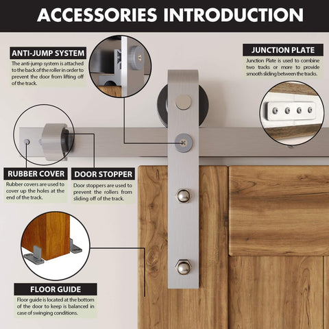 Brushed Nickel Non-Bypass Sliding Barn Door Hardware Kit For One Door, 7.5ft Flat Track System, Classic Roller Design, Heavy Duty Interior Use Only, Doors Not Included - Accessories close-up view