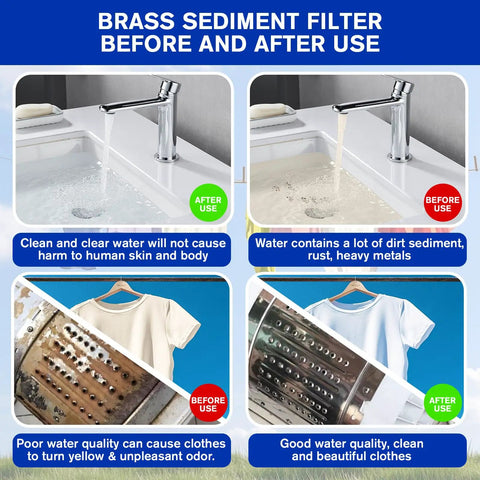 Brass Sediment Filter Before and After Use showing clean water versus dirty water, emphasizing the Bulletproof 40 Micron Brass Sediment Filter For Washers Reusable Water Strainer Traps Sand Rust And Silt For No Sweat Home Protection And Smooth Laundry Runs On Tap Or Well Water Lines.