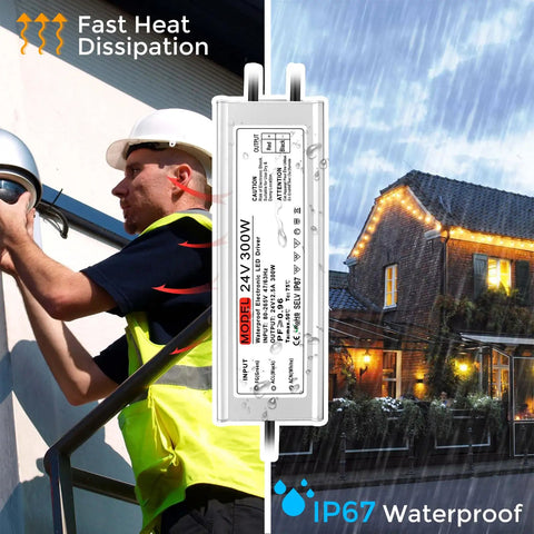 Electrician installing All Weather 24V 300W Outdoor IP67 LED Power Supply Driver with illuminated house showcasing weatherproof feature.