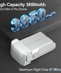 3850mAh battery for DJI Mini 4 Pro with text highlighting high capacity and 47 minutes maximum flight time