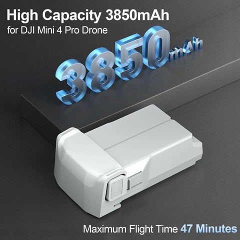 3850mAh battery for DJI Mini 4 Pro with text highlighting high capacity and 47 minutes maximum flight time
