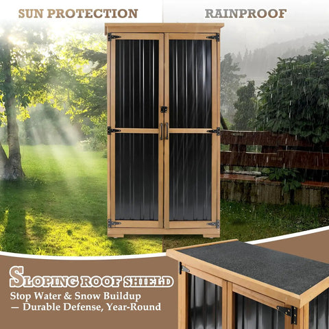 Weatherproof outdoor storage cabinet with adjustable shelves, tall vertical shed for patio and backyard tools, wooden sloping roof
